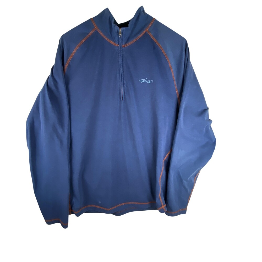 Orvis Trout Bum Pullover Mens Large Blue Long Sleeve 1/4 Zip Mock Neck Fishing